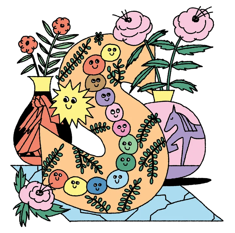 Cartoon illustration of an "S" surrounded by shapes and flowers