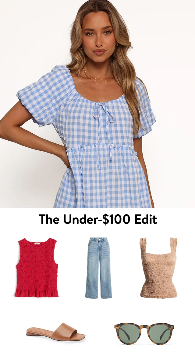 A woman wearing a gingham minidress. A smocked top, wide-leg jeans, a floral-pattern tank, slide sandal and sunglasses.