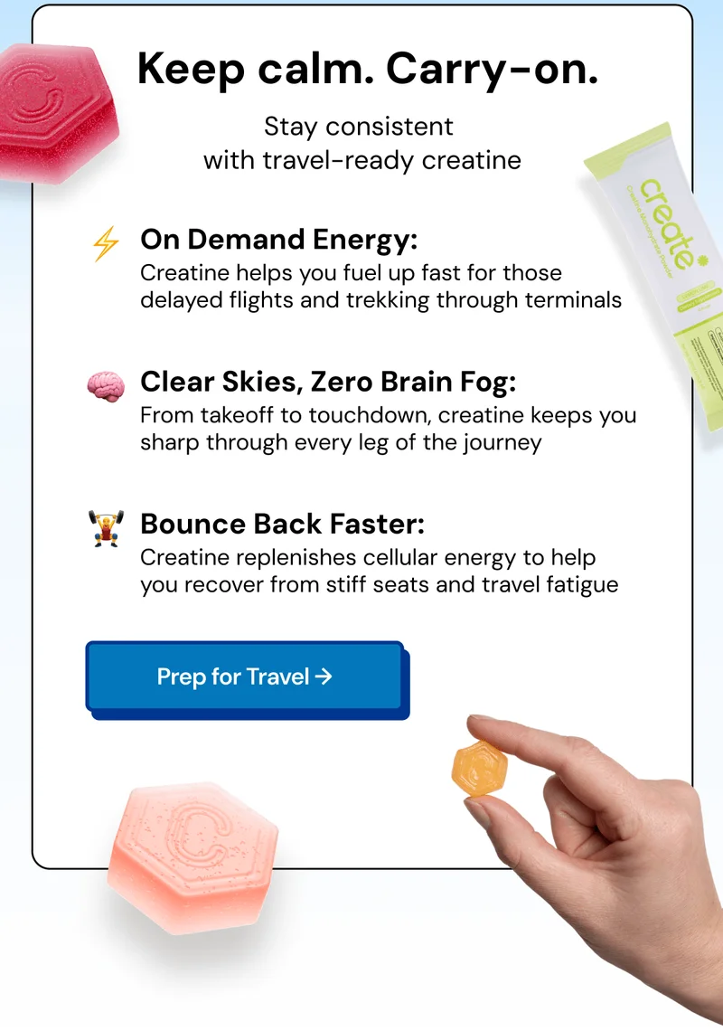 Keep calm. Carry-on. Stay consistent with travel-ready creatine: One demand energy. Clear skies, zero brain fog. Bounce back faster.