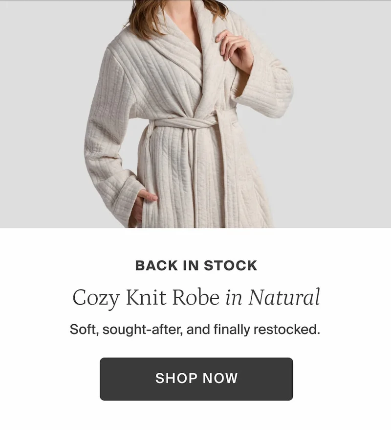 Back in stock. Cozy knit robe in natural. Shop now.