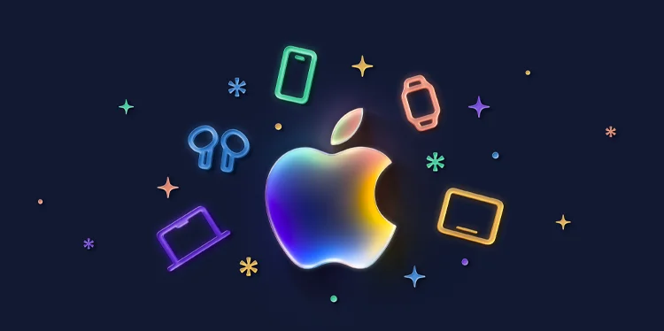 Apple logo containing a gradient glow of colors: purple, blue, green, orange, yellow, surrounded by colorful stars, dots, and outlines of Apple products: MacBook, AirPods, iPhone, Apple Watch, iPad