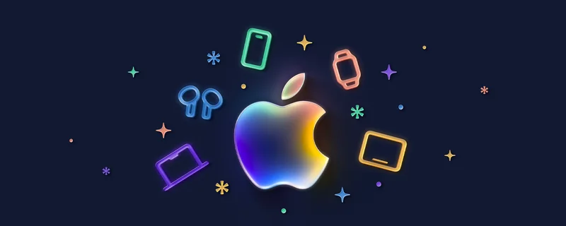 Apple logo containing a gradient glow of colors: purple, blue, green, orange, yellow, surrounded by colorful stars, dots, and outlines of Apple products: MacBook, AirPods, iPhone, Apple Watch, iPad