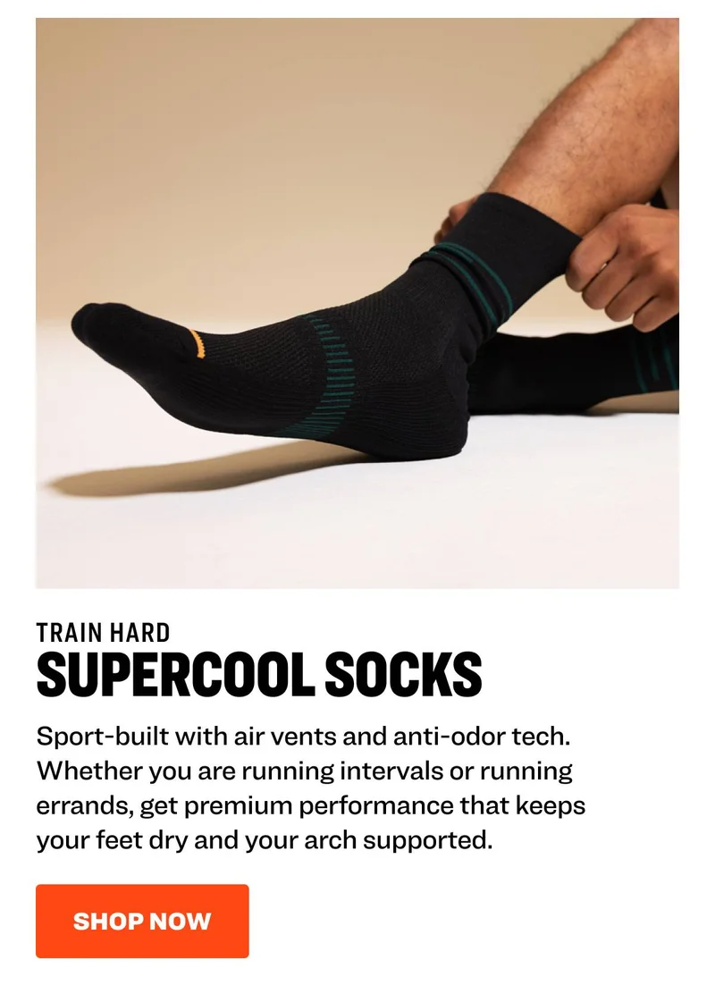TRAIN HARD Supercool Socks - Sport-built with air vents and anti-odor tech. Whether you are running intervals or running errands, get premium performance that keeps your feet dry and your arch supported. shop now