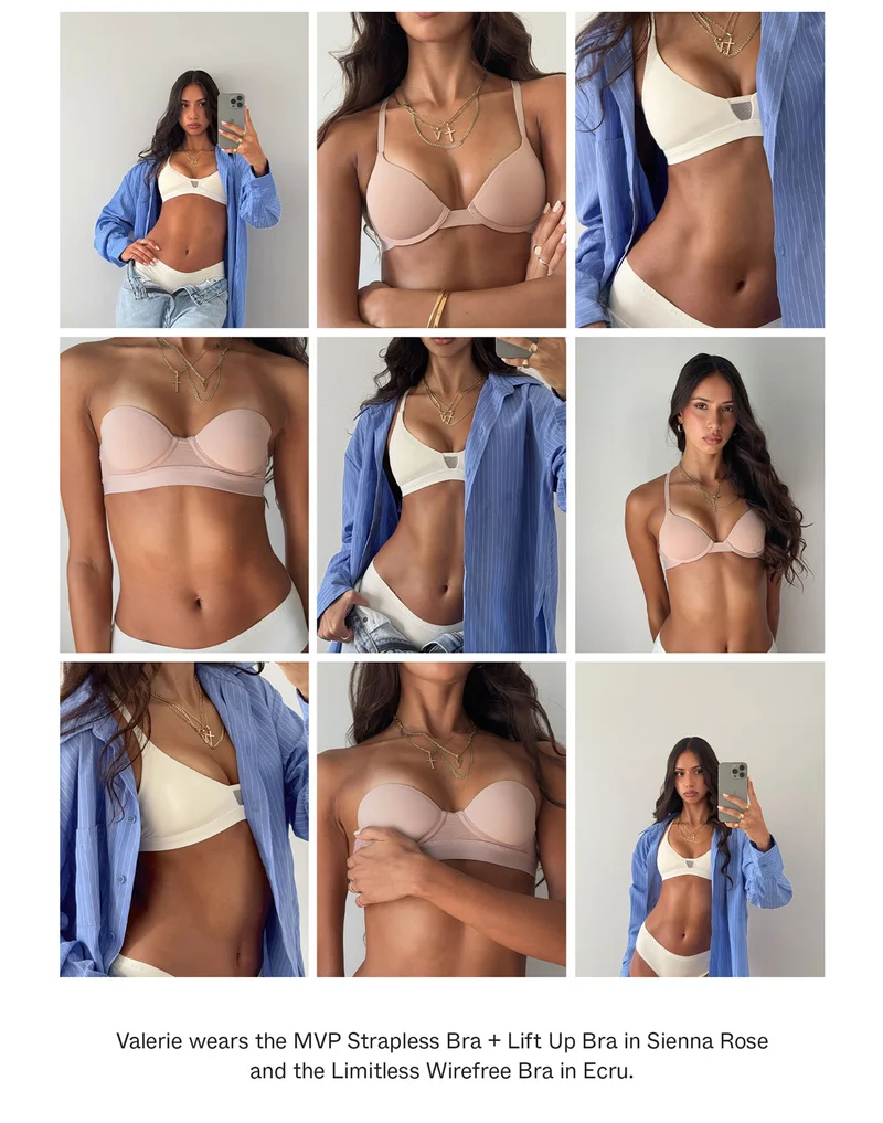 Valerie wears the MVP Strapless Bra + Lift Up Bra in Sienna Rose and the Limitless Wirefree Bra in Ecru.