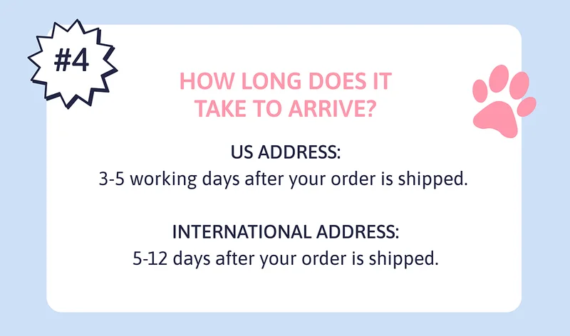 Q. How long does it take to arrive? A. US address: 3-5 working days after your order is shipped. International address: 5-12 days after your order is shipped.
