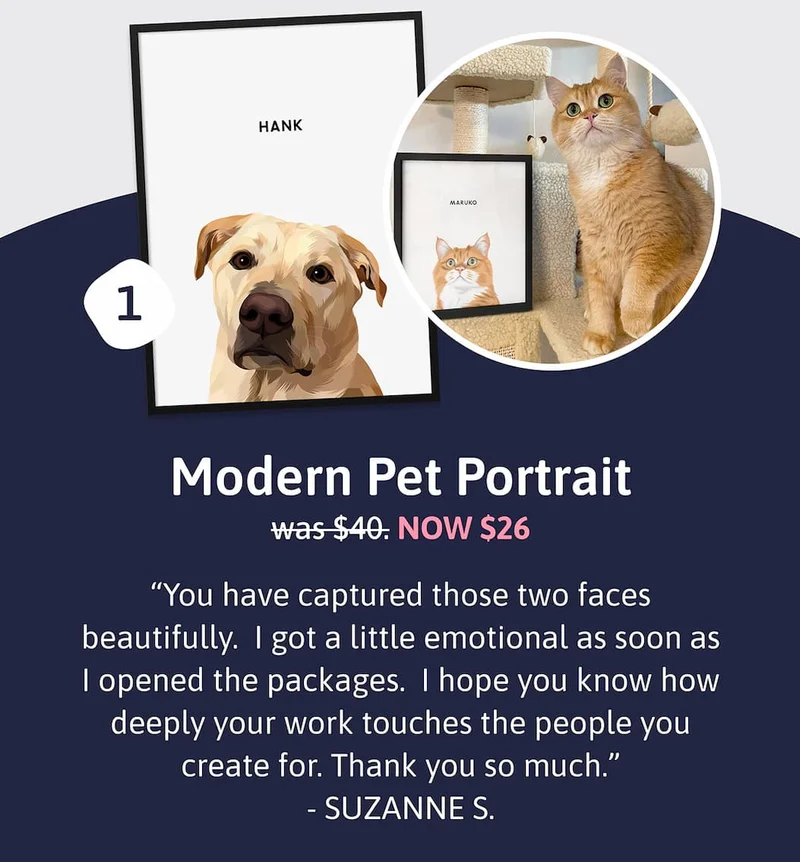 1. Modern Pet Portrait. Was $40 | NOW $26 "You have captured those two faces beautifully.  I got a little emotional as soon as I opened the packages.  I hope you know how deeply your work touches the people you create for. Thank you so much." SUZANNE S.