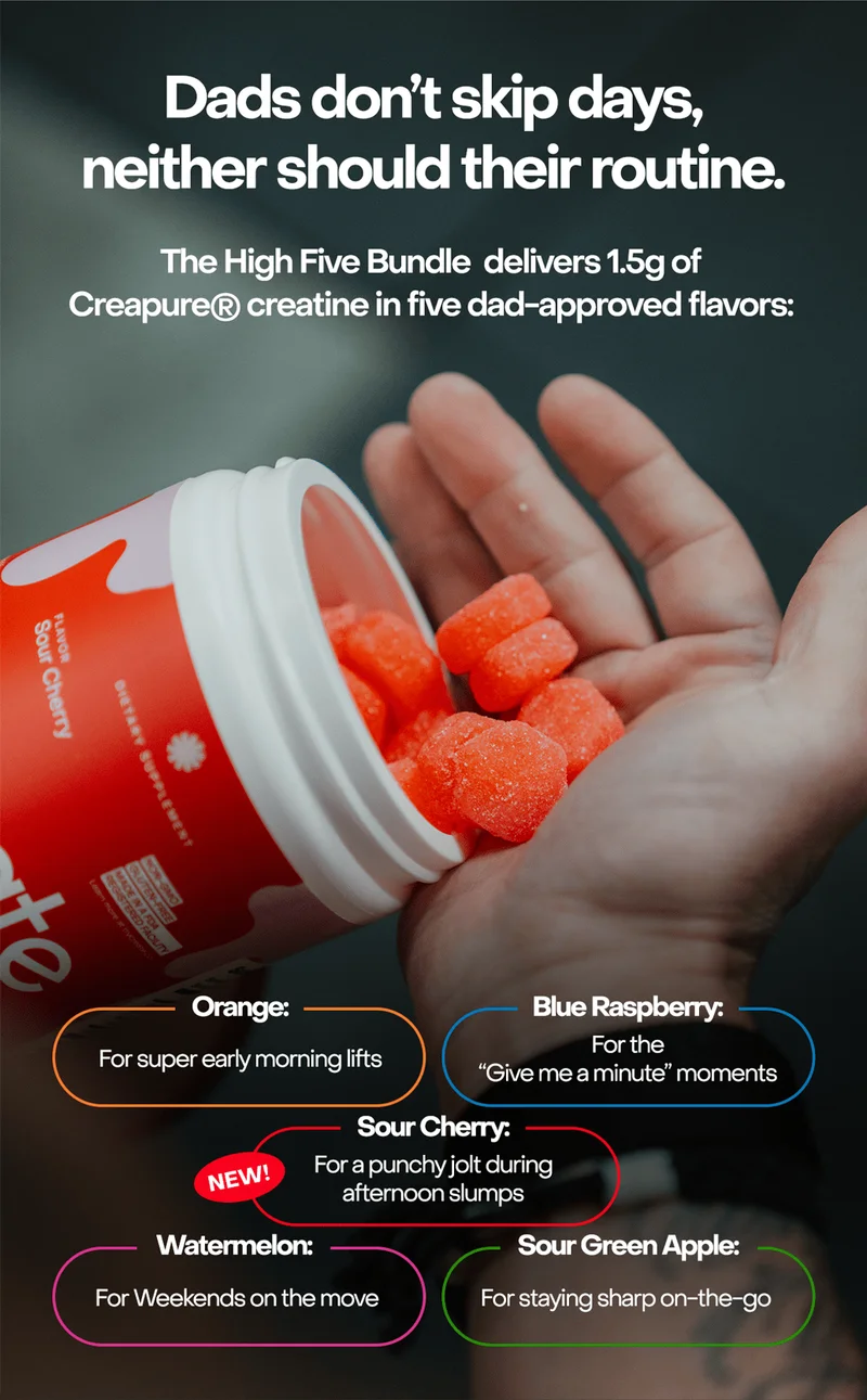 Dads dont skip days, neither should their routine. The High Five Bundle delivers 1.5g of Creapure Creatine in five dad-approved flavors.