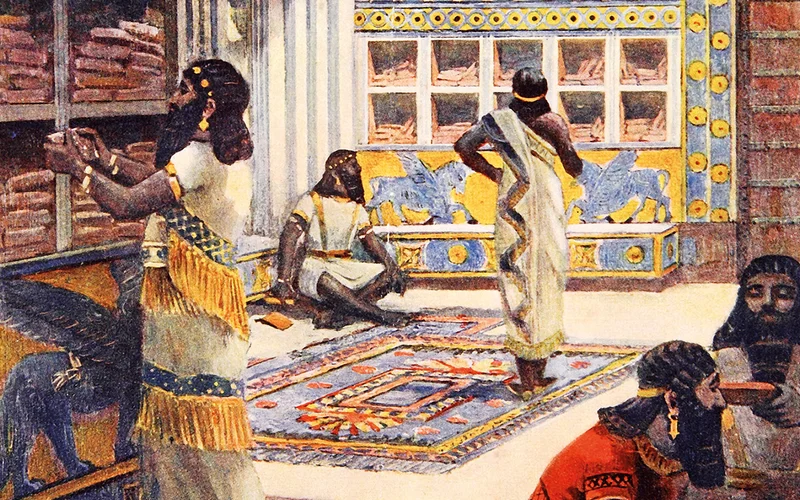 A room in Sennacherib’s palace in Nineveh with Austen Henry Layard sketching artifacts. This engraving was published in Layard’s 1853 book on the excavation at Nineveh.