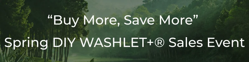 TOTO's Buy More, Save More WASHLET+ Spring DIY Promotion graphic featuring a lush green landscape background