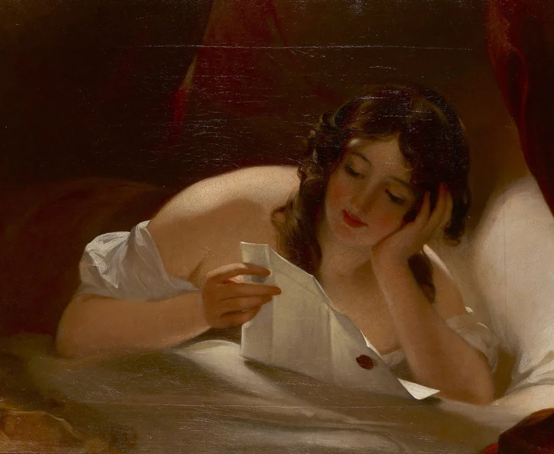 This painting depicts a woman lying on a bed reading a letter.