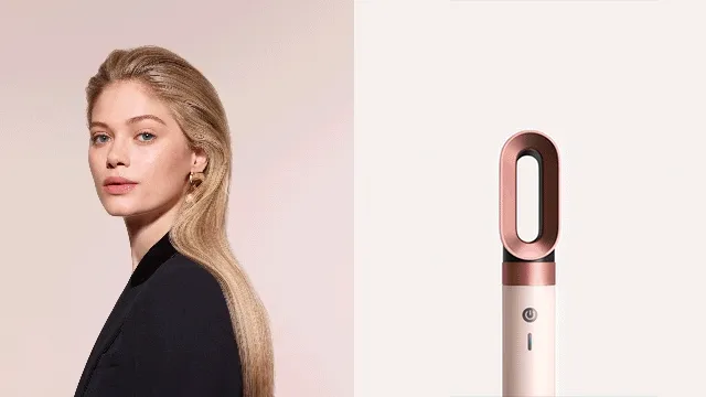 Splitscreen of the Dyson Airwrap Co-anda2x multi-styler and dryer, and a blonde model with hair styled with the device