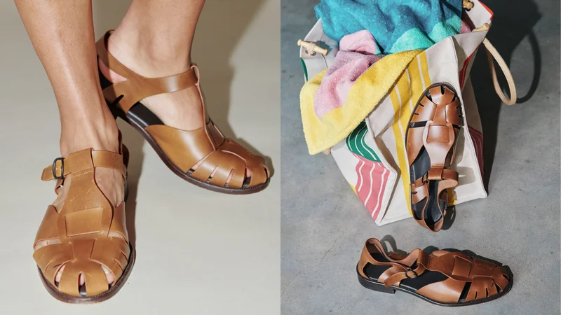 A diptych of a model wearing leather sandals on the left and a pair of leather sandals with tote bag holding beach towels on the right. A diptych of a model wearing leather sandals on the left and a pair of leather sandals with tote bag holding beach towels on the right.