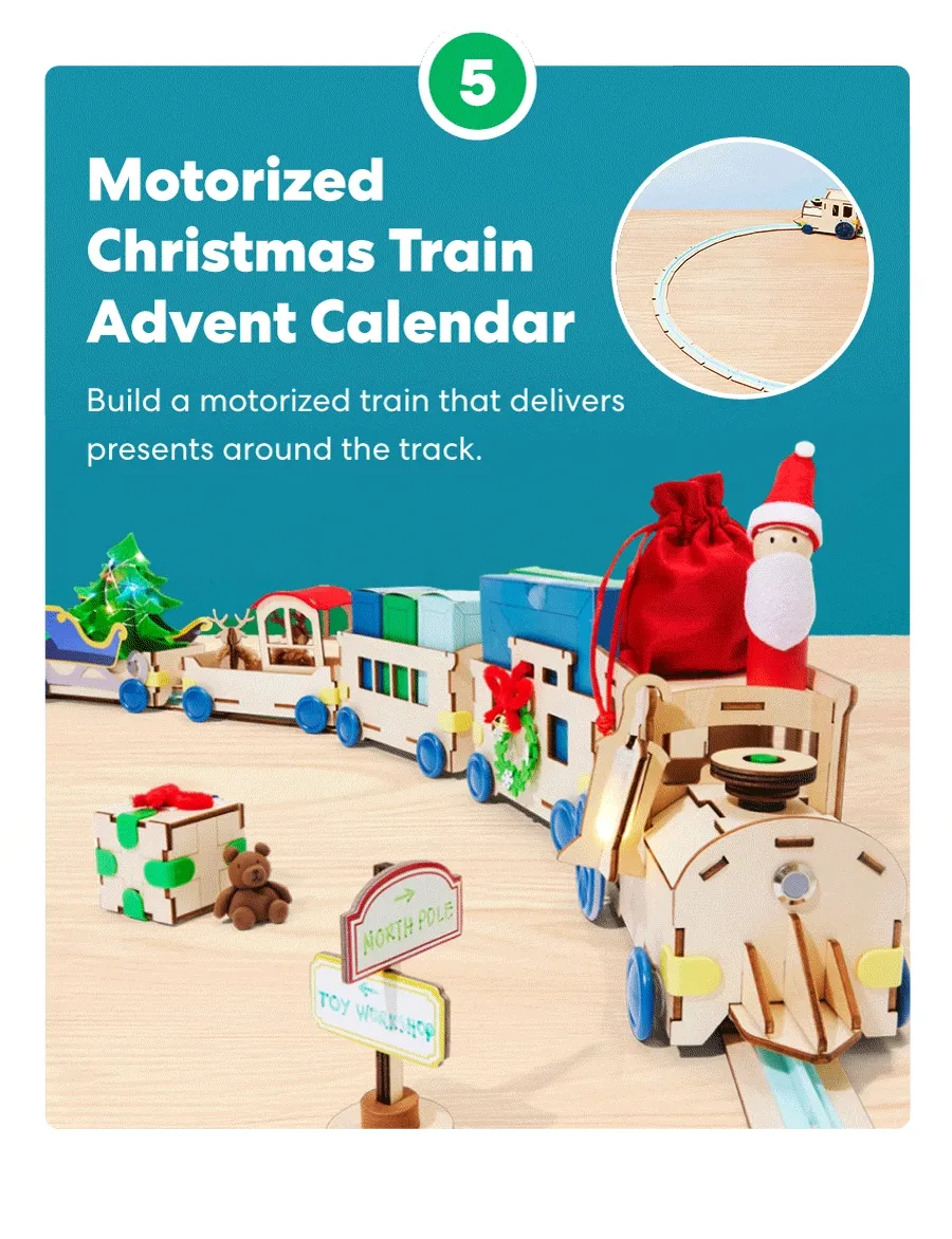 Motorized Christmas Train Advent Calendar Build a motorized train that delivers presents around the track. ->