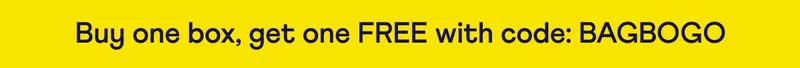 Text: Buy one box, get one FREE with code: BAGBOGO