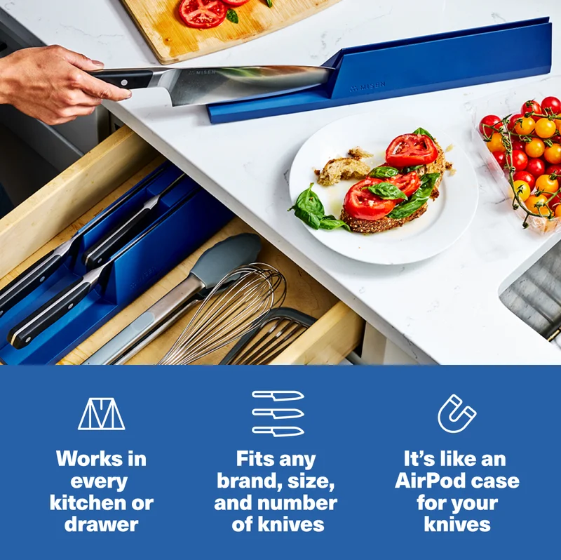 Misen Modular Knife Storage. Works in every kitchen or drawer. Fits any brand, size, and number of knives. It's like an AirPod case for your knives