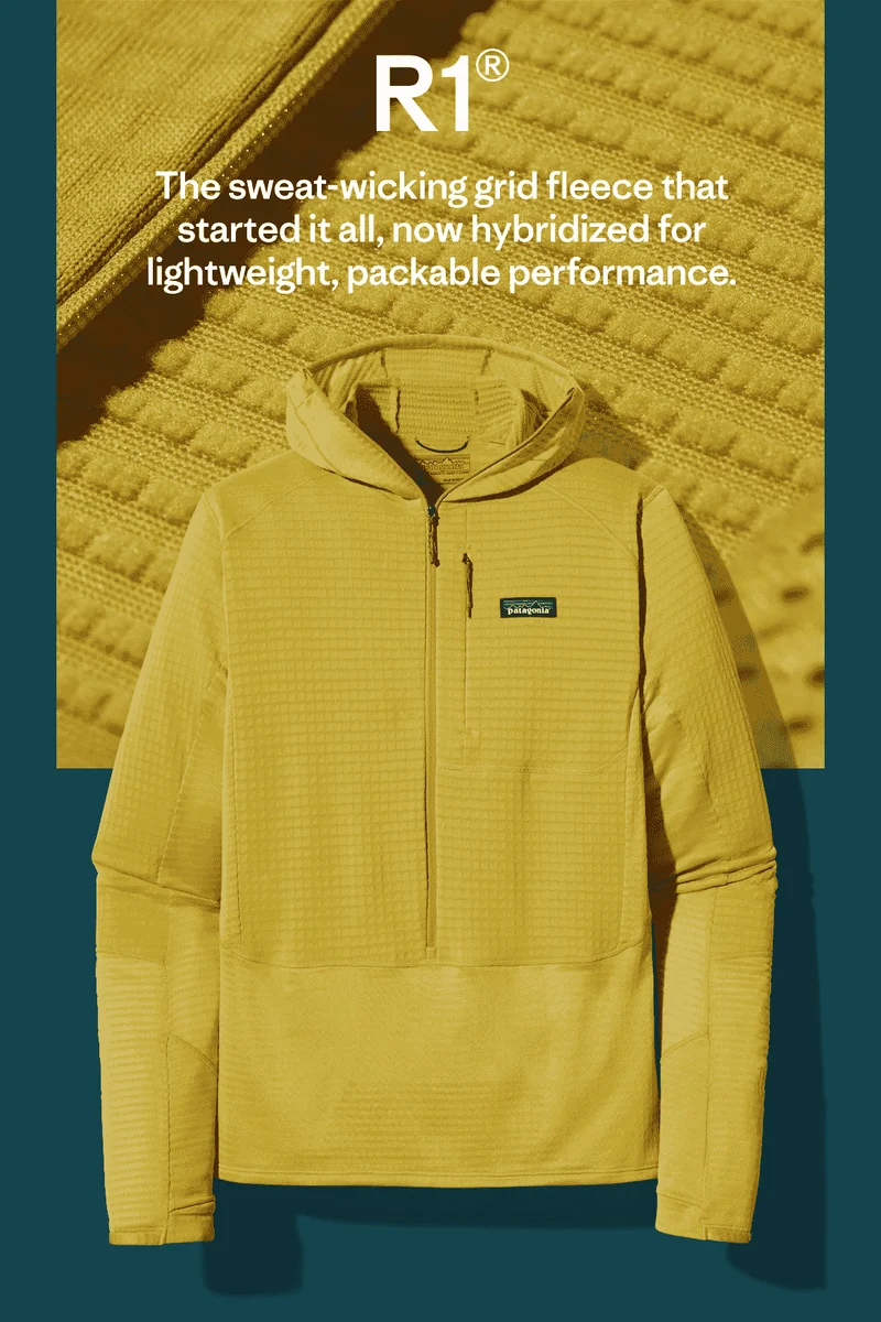 R1. The sweat-wicking grid fleece that started it all, now hybridized for lightweight, packable performance.