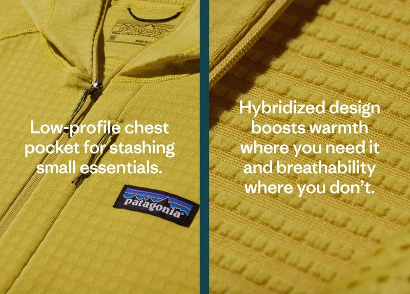 Features a low profile chest pocket for stashing small essentials and a hybridized design that boosts warmth where you need it and breathability where you don’t.