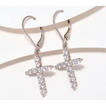 Diamonique Pave Cross Leverback Earrings, Sterling Silver