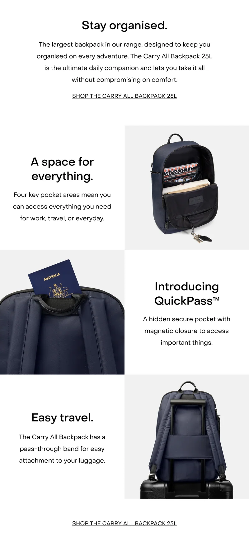 The largest backpack in our range, designed to keep you organised on every adventure. The Carry All Backpack 25L is the ultimate daily companion and lets you take it all without compromising on comfort.