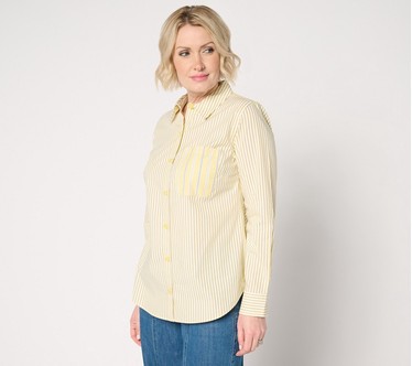 Joan Rivers Stretch Cotton Button Front Mixed Stripe Shirt