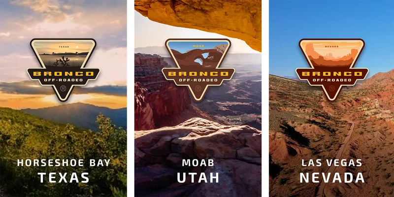 The landscapes and badges for various Bronco® Off‑Roadeo® Half‑Day Adventure locations – Horseshoe Bay, Texas; Moab, Utah; and Las Vegas, Nevada