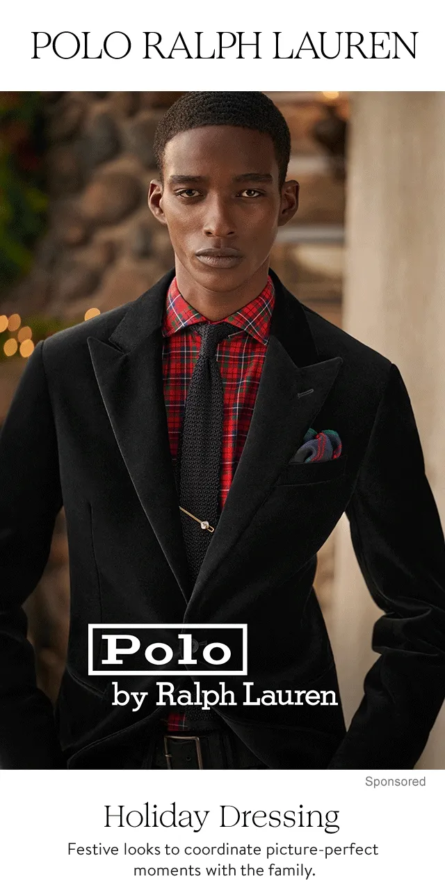 A man wearing a Polo Ralph Lauren velvet sport coat, plaid dress shirt and tie. A woman wearing head-to-toe Polo Ralph Lauren. A little girl wearing a Polo Ralph Lauren plaid dress over a white turtleneck.