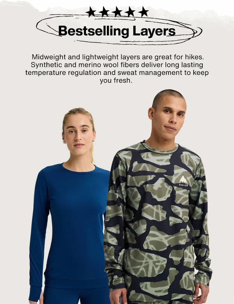 Burton base layers on a female model in dark blue and male model in a camo print, with the text "Bestselling Layers. &nbsp;Midweight and lightweight layers are great for hikes. Synthetic and merino wool fibers deliver long lasting temperature regulation and sweat management to keep you fresh.&nbsp;"