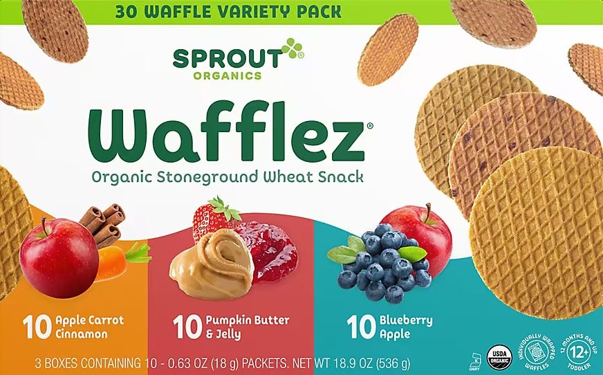 Image of Sprout Organics Wafflez Variety Pack (30CT) - 10 Apple Carrot Cinnamon, 10 Pumpkin Butter & Jelly, 10 Blueberry Apple
