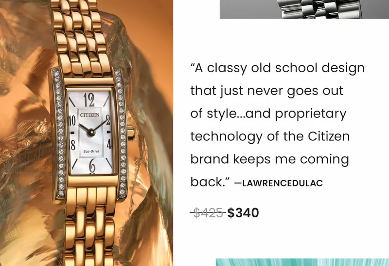 EG7112-59D  Review: “A classy old school design that just never goes out  of style...and proprietary technology of the Citizen brand keeps me coming back.” —LawrenceDuLac.  WAS: $425  NOW: $340