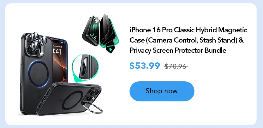 iPhone 16 Pro Classic Hybrid Magnetic Case (Camera Control, Stash Stand) & Privacy Screen Protector Bundle