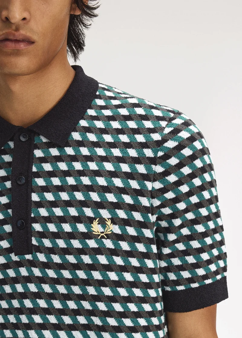 Close up of a Fred Perry Geometric Knitted Shirt in Black