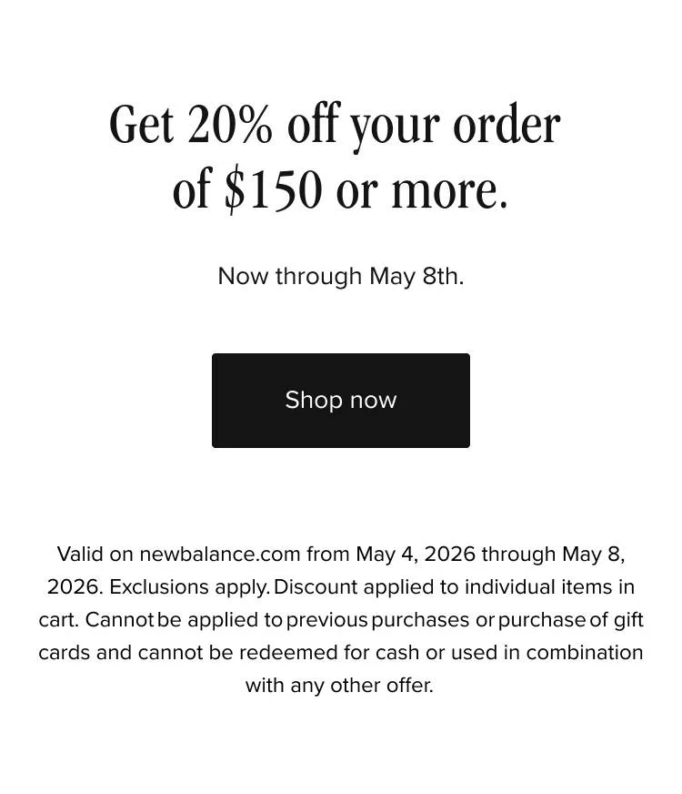 Get 20% off your order when you spend $150 or more. Now through May 8th. - Shop now