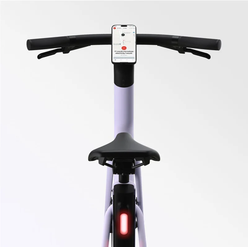 A render of a Cowboy Cruiser ST Lavender, viewpoint is from behind and above the bike.