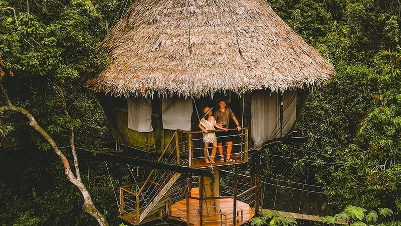 Image description: Couple standing outside the Treehouse Lodge.