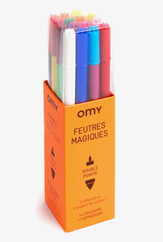 A box of colorful markers