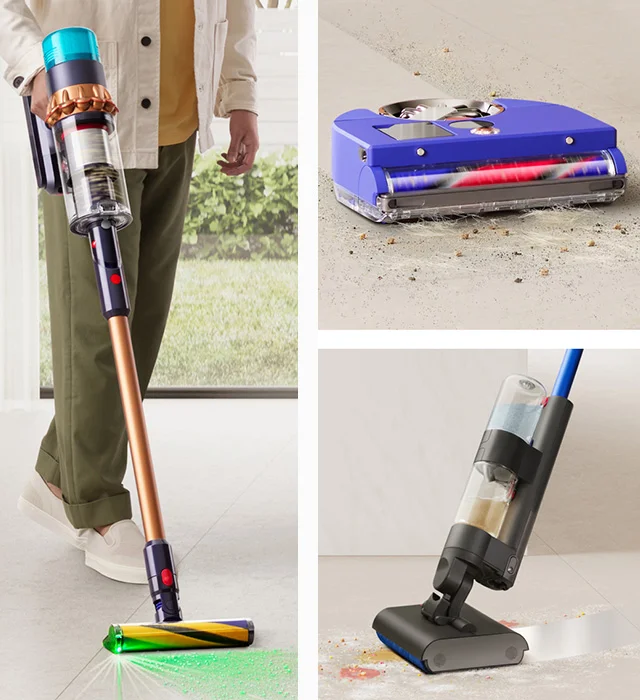 Dyson technology, a handheld cord free vacuum, a robot vacuum, and the Dyson WashG1
