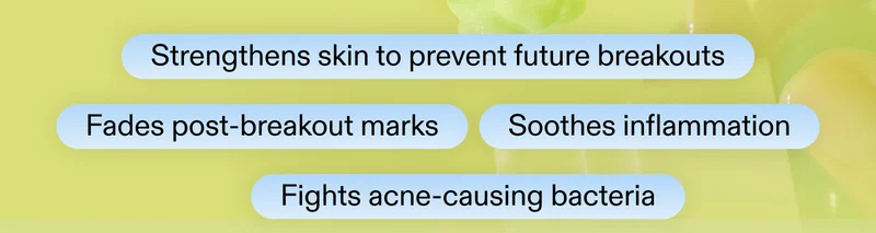 • Strengthens skin to prevent future breakouts  • Fades post-breakout marks • Soothes inflammation  • Fights acne-causing bacteria