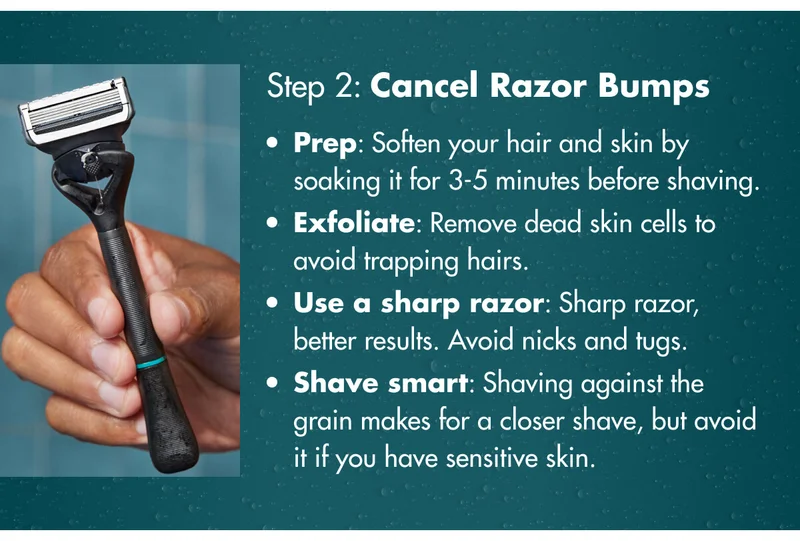 2. Cancel Razor Bumps. Prep: Soften your hair and skin by soaking it for 3-5 minutes before shaving. Exfoliate: Remove dead skin cells to avoid trapping hairs. Use a sharp razor: Sharp razor, better results. Avoid nicks and tugs. Shave smart: Shaving against the grain makes for a closer shave, but avoid it if you have sensitive skin.