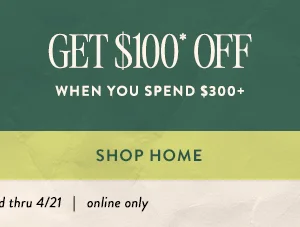 get $100 off when you spend $300 + shop home, sent via email on 4/8 valid through 4/21, online only