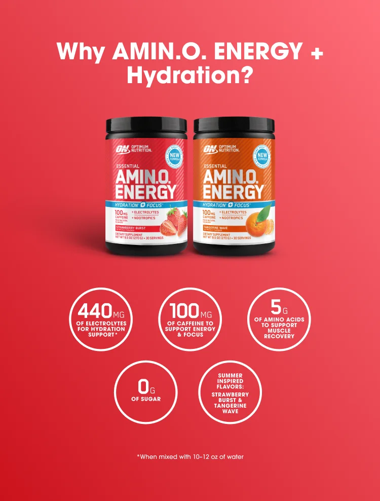 Why AMIN.O. ENERGY + Hydration? 440 MG OF ELECTROLYTES FOR HYDRATION SUPPORT* 100 MG OF CAFFEINE TO SUPPORT ENERGY & FOCUS* 5 G OF AMINO ACIDS TO SUPPORT MUSCLE RECOVERY 0 G OF SUGAR SUMMER INSPIRED FLAVORS: STRAWBERRY BURST & TANGERINE WAVE *When mixed with 10–12 oz of water