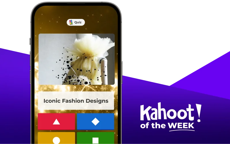 Smartphone displaying a kahoot entitled ''Iconic Fashion Designs''