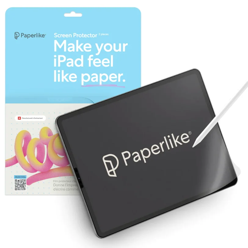 An image of a Paperlike screen protector on an iPad with an Apple Pencil.