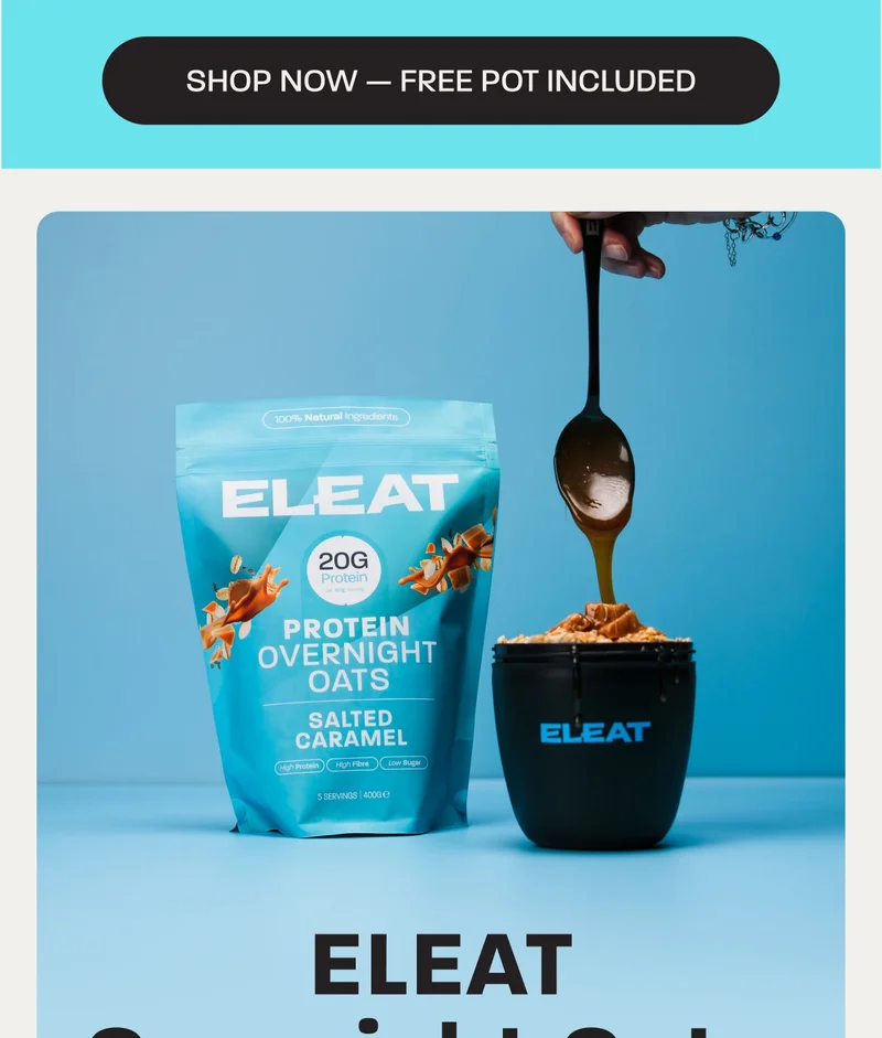 Protein overnight oats in a blue bag with a spoon pouring oats into a black container.