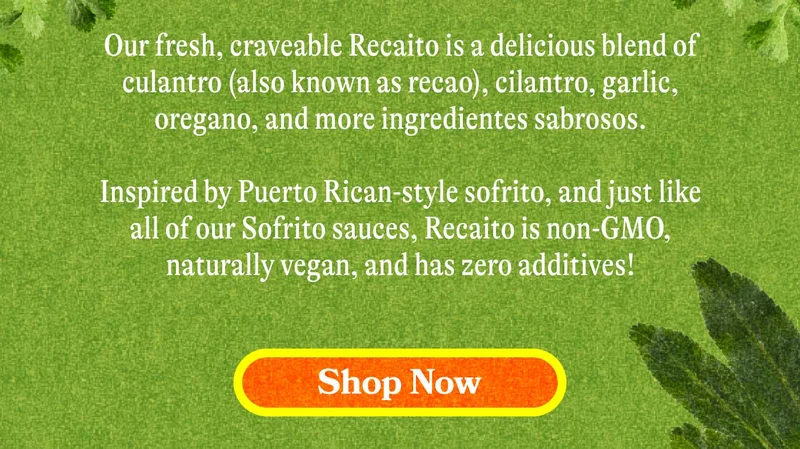 Our fresh, craveable Recaito is a delicious blend of culantro (also known as recao), cilantro, garlic, oregano, and more ingredientes sabrosos.  Inspired by Puerto Rican-style sofrito, and just like all of our Sofrito sauces, Recaito is non-GMO, naturally vegan, and has zero additives! SHOP NOW