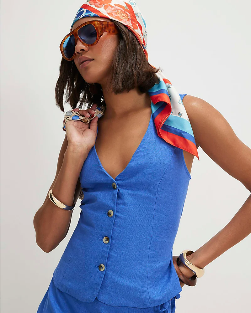 Womens Blue Linen Blend Waistcoat