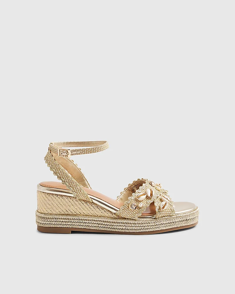 Womens Gold Cross Strap Shell Detail Wedge Sandals