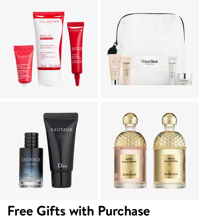 Gifts with purchase from Clarins, DIOR, Guerlain and Natura Bissé.