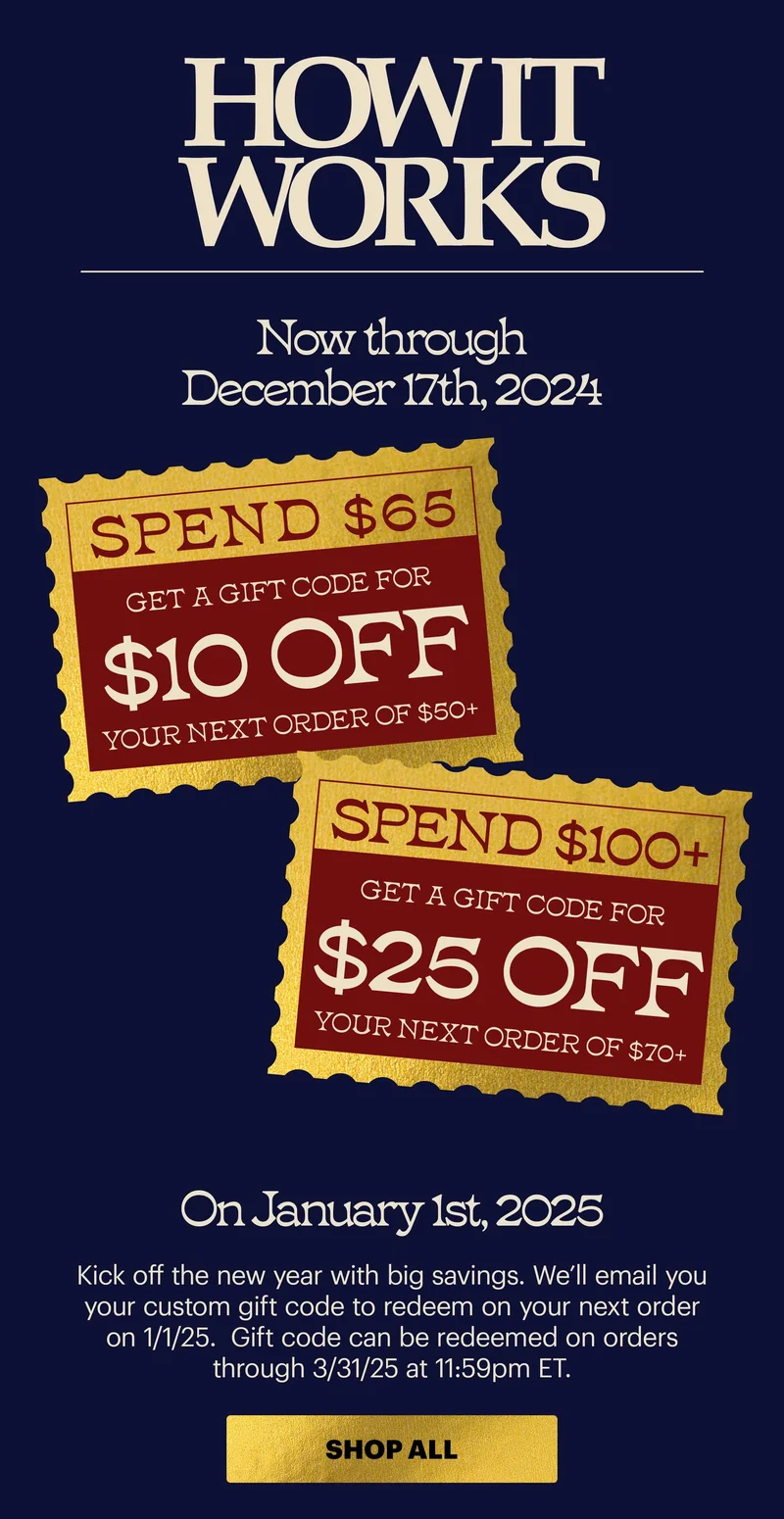 Header: How it works  Sub-header:  Now through December 17th, 2024:  Spend $65, get a gift code for $10 off your next order of $50+ Spend $100+, get a gift code for $25 off your next order of $70+  On January 1st, 2025:  Kick off the new year with big savings. We’ll email you your custom gift code to redeem on your next order on 1/1/25.  Gift code can be redeemed on orders through 3/31/25 at 11:59pm ET.  CTA: SHOP ALL