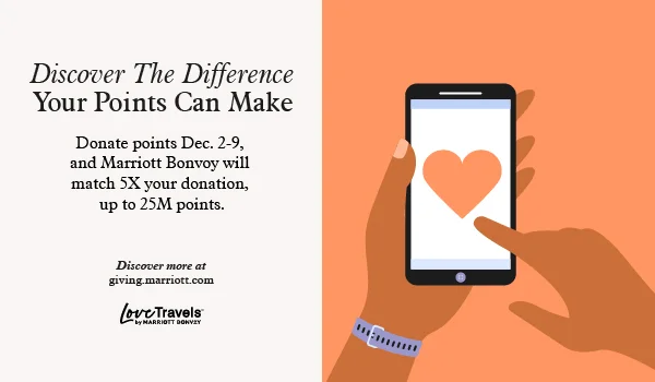 Donate points Dec. 2–9; Marriott Bonvoy matches 5X up to 25M points. Learn more at giving.marriott.com.