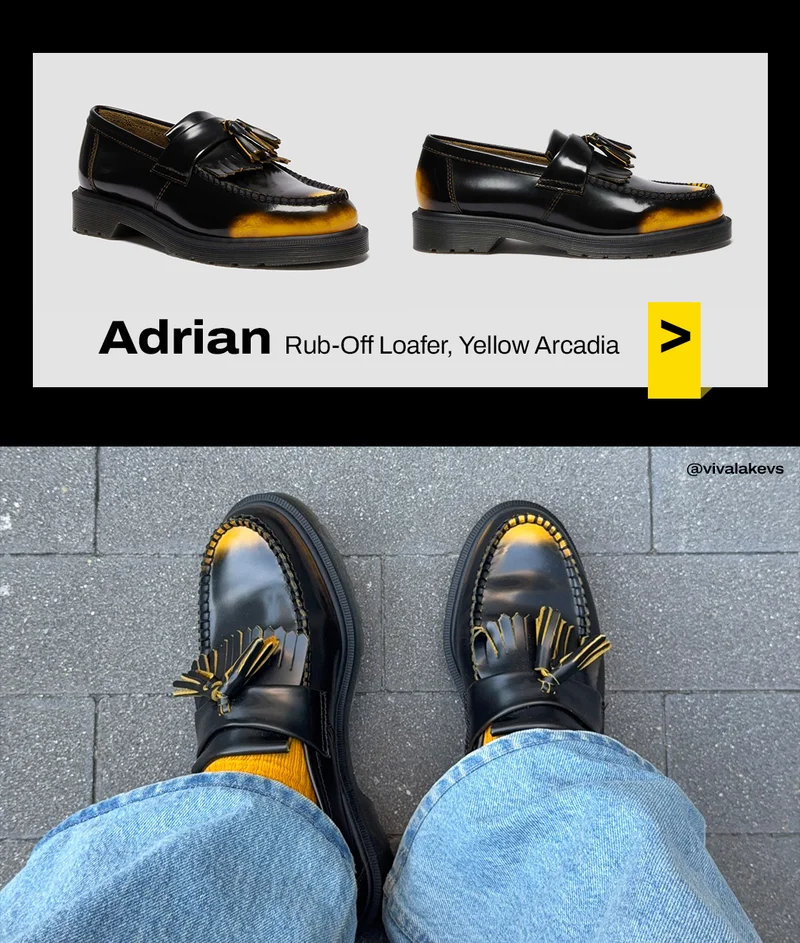 Adrian Arcadia Rub-Off Leather Tassel Loafers - Black + DMs Yellow Arcadia